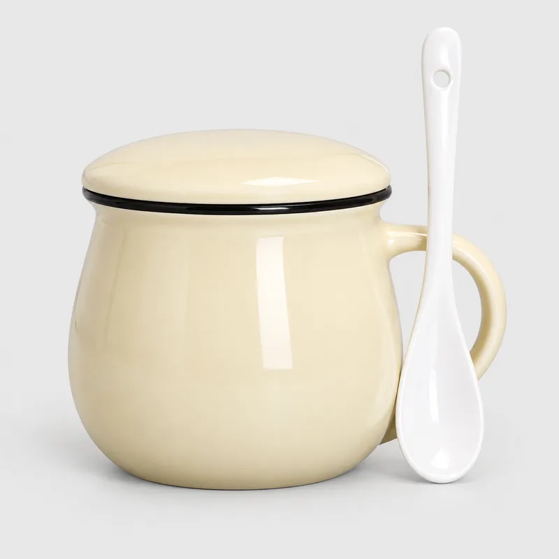 マグカップ セラミックス ベージュ 磁器蓋+磁器スプーン 無地 磁器 350ml ペア 可愛い 